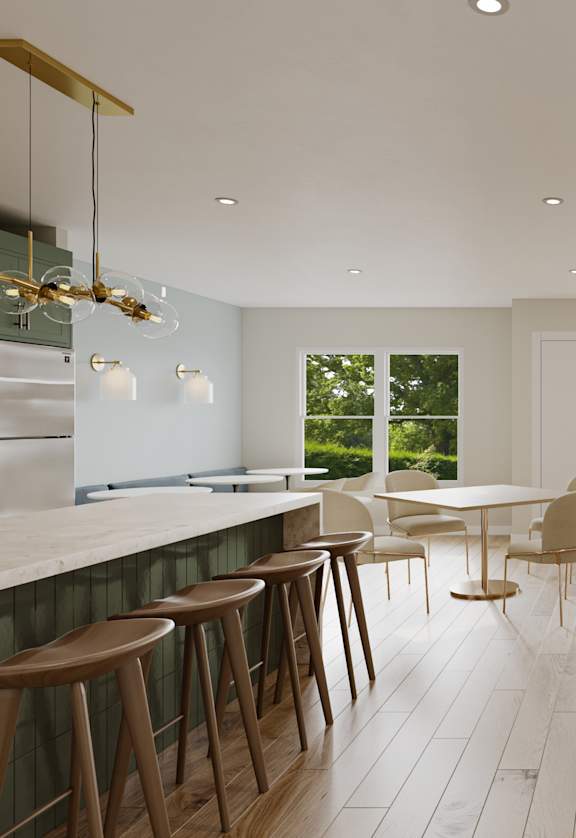 A modern kitchen with a dining table and chairs.