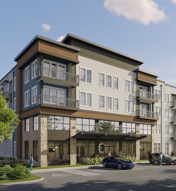 a rendering of an apartment building on a city street at VALE Lake Wylie Apartments, Clover , SC