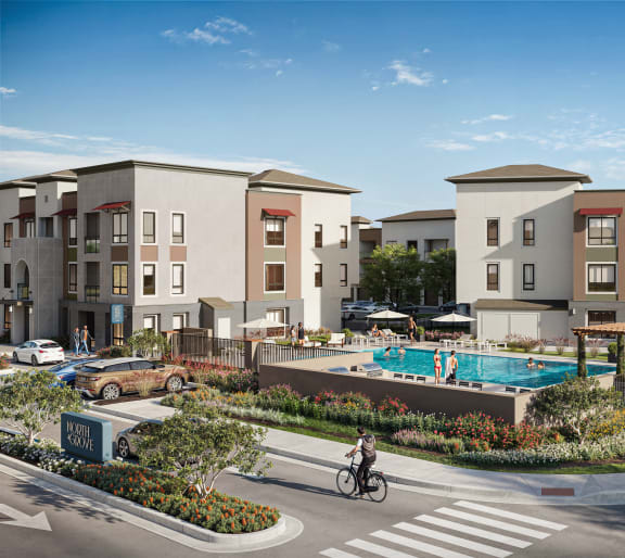 a rendering of an apartment complex with a swimming pool at North Grove, Riverside, CA
