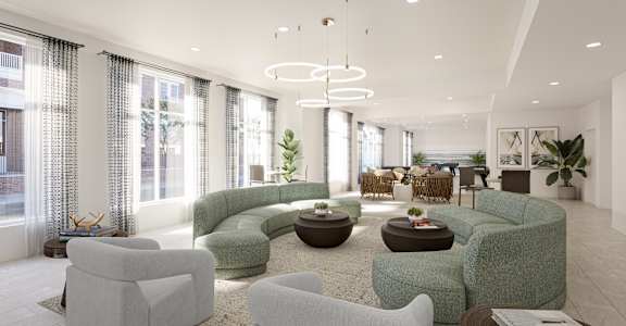 a rendering of a living room with couches and chairs at The Port at East Beach Apartments and Marina, Norkfolk, VA, 23518