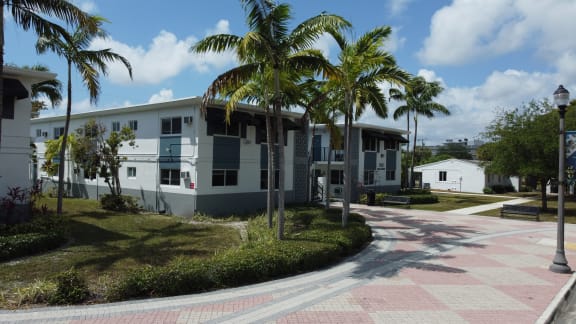 a corridor of white buildings with a palm tree in the center at Palm Gardens @ Biscayne Gardens, North Miami, FL, 33181