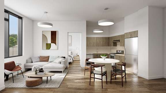 a rendering of a living room and kitchen in an apartment