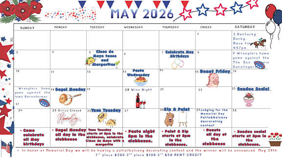 A calendar for May 2025 from Granite Mountain Apartments with events like Pasta, Wine Night, and Donut Days.