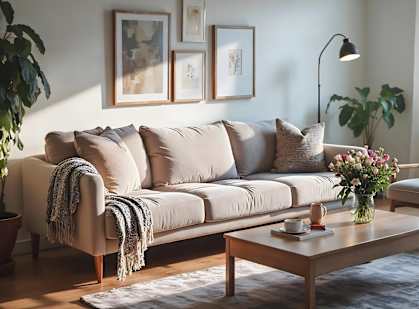 A living room with a beige sofa, a grey armchair, a wooden coffee table, and a large window.