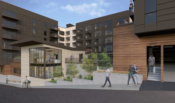 a rendering of a building with people walking on a sidewalk at Baldwyn, Seattle, 98125