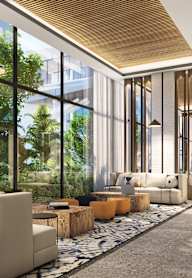 a rendering of a lobby with couches and windows