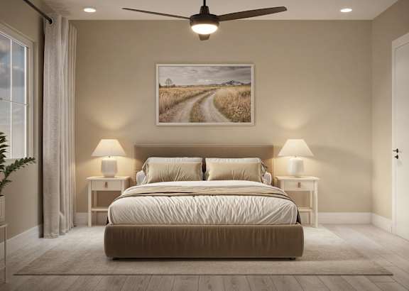 a living room filled with furniture and a ceiling fan