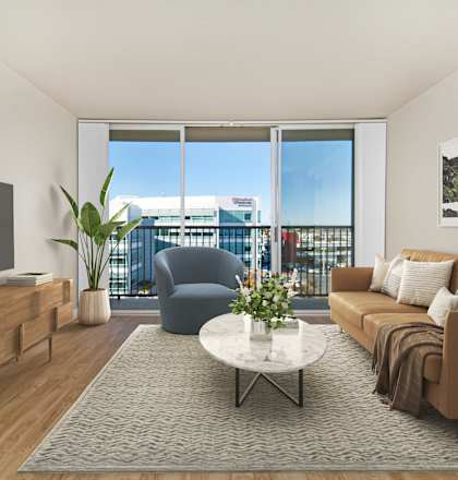 avenue two furnished model living room with floor to ceiling sliding window door at Avenue Two Apartments, California