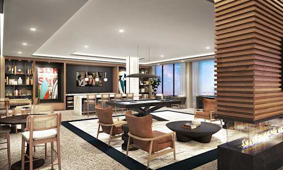 a rendering of a lounge area with tables and chairs and a fireplace
