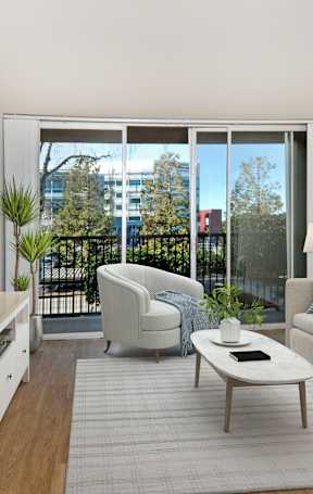 avenue two model living room with a couch and a table and a tv at Avenue Two Apartments, Redwood City, CA