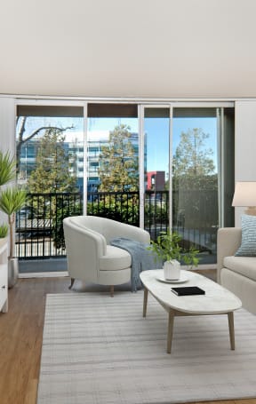 avenue two model living room with a couch and a table and a tv at Avenue Two Apartments, Redwood City, CA