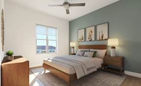 A bedroom with a bed, nightstand, and a plant.