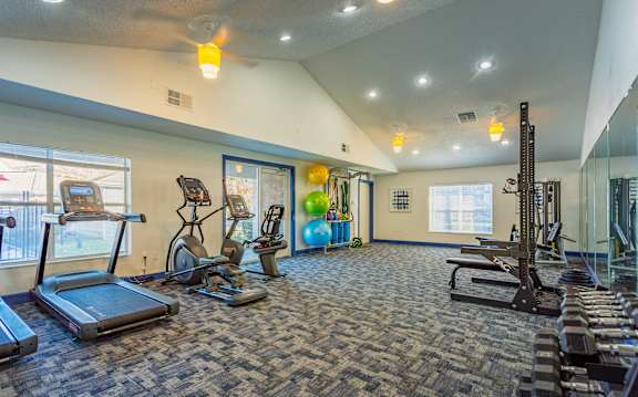 A gym with treadmills, exercise bikes, and weights.
