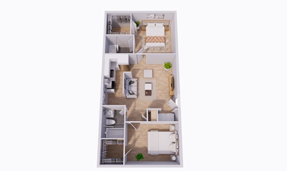 A 3D floor plan of a small apartment with two bedrooms, a living room, a kitchen, and a bathroom.