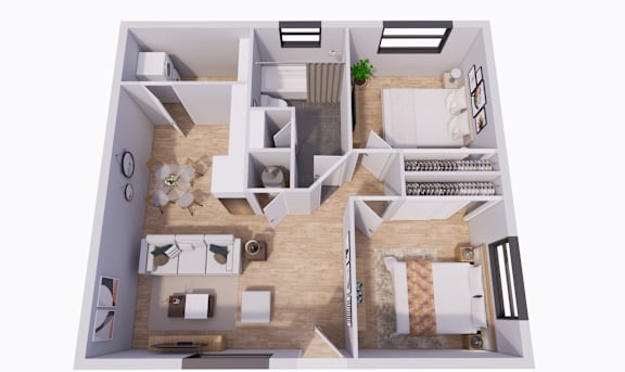A top down view of a small apartment with a kitchen, living room, and bedroom.