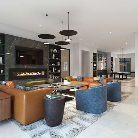 Club Room with Fireplace at Marquee Square Apartments in Tampa