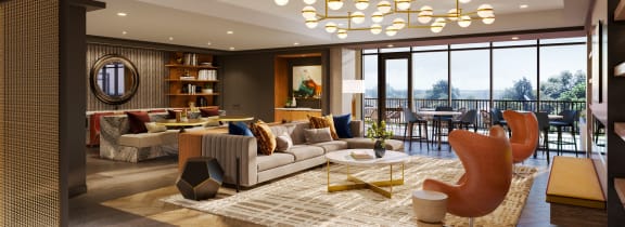 a living room filled with furniture and a large window