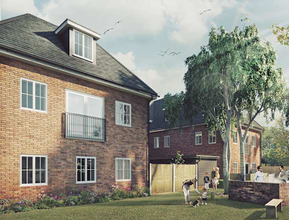 a rendering of a large brick house with people playing in the yard