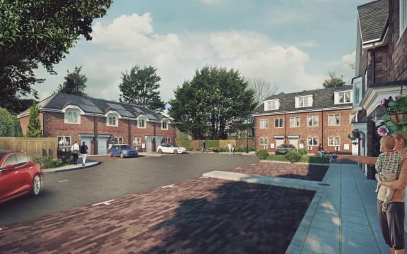 a computer generated image of a road with houses on either side