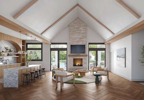 A modern open plan living space with a kitchen, dining area and a fireplace.
