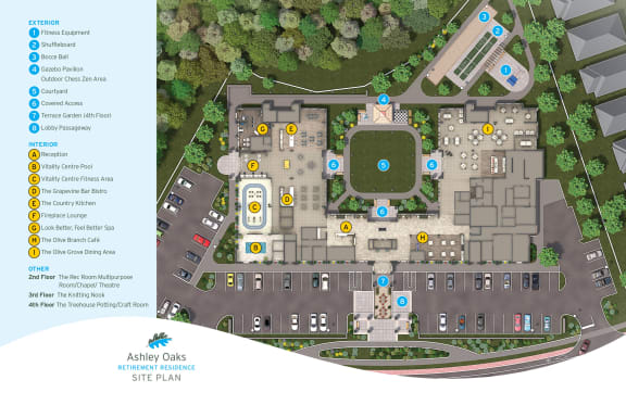 A site plan of Ashley Oaks Retirement Residence noting all buildings, parking lots, amenities rooms