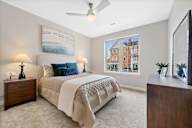 A bedroom with a large window, ceiling fan, and carpet flooring.