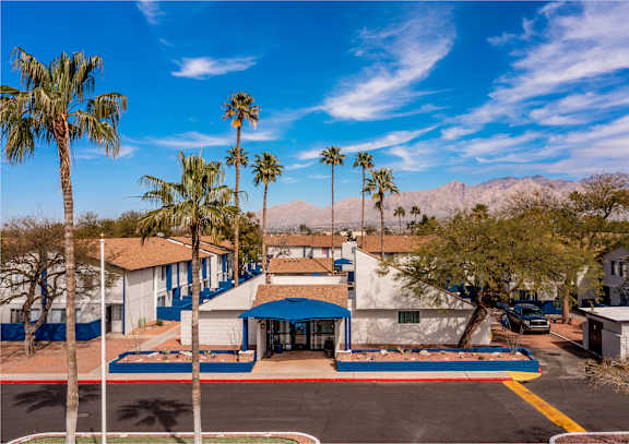 A building with a blue awning is surrounded by palm trees.