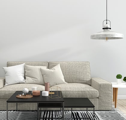 A living room with a grey couch, a black coffee table, and a potted plant.