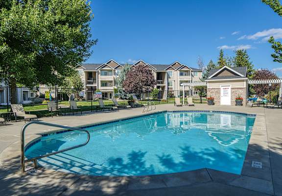 A swimming pool in a residential area with houses in the background.