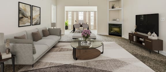 A living room with a white sofa, green chairs, and a television. at Stone Gate Apartments, North Carolina, 28390