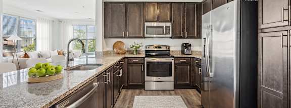 A modern kitchen with dark wood cabinets and stainless steel appliances at Aspire Apollo, MD