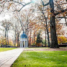 A park with a gazebo surrounded by trees with autumn leaves.