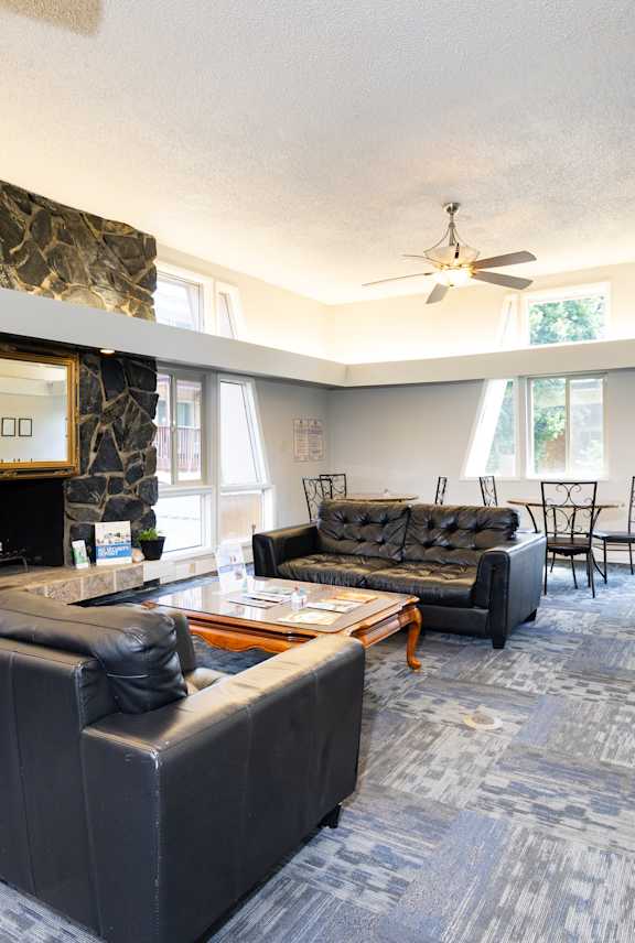 A living room with a fireplace and a grey carpet.