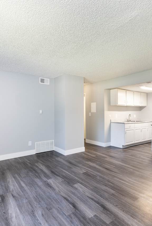 A room with a kitchenette in the background.