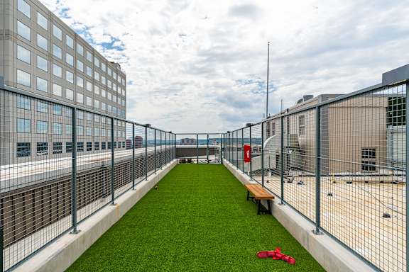 a grassy area in the middle of a fenced in area with grass