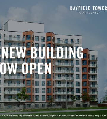an image of an apartment building with the words brand new building now open