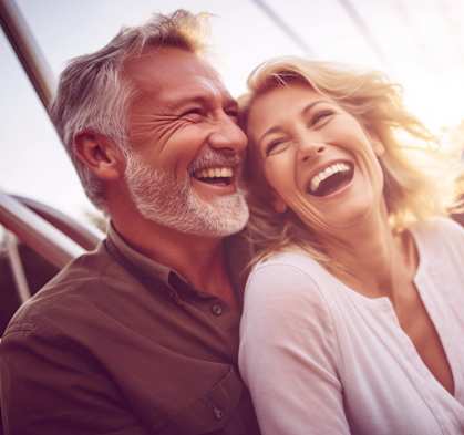 A man and a woman are laughing together.