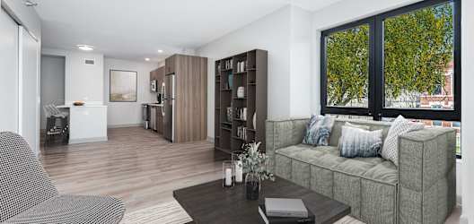 a living room with a couch and a coffee table