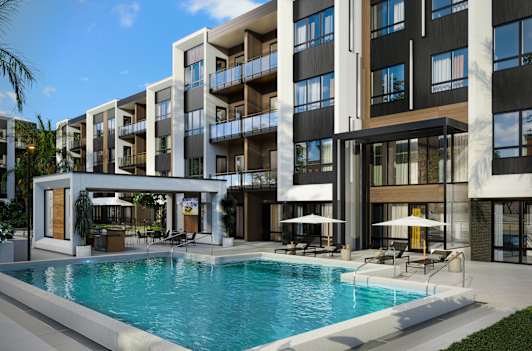 a rendering of an apartment building with a swimming pool