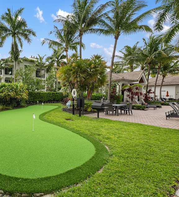 A green putting green in the middle of a grassy area with palm trees.