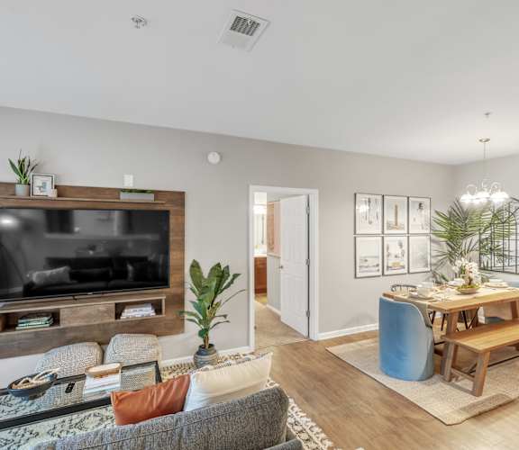 A living room with a grey couch, a wooden coffee table, a flat screen TV, and a mirrored wall.