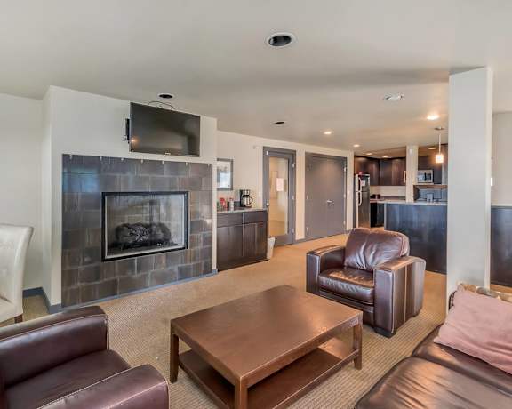 A modern living room with a fireplace and leather furniture.
