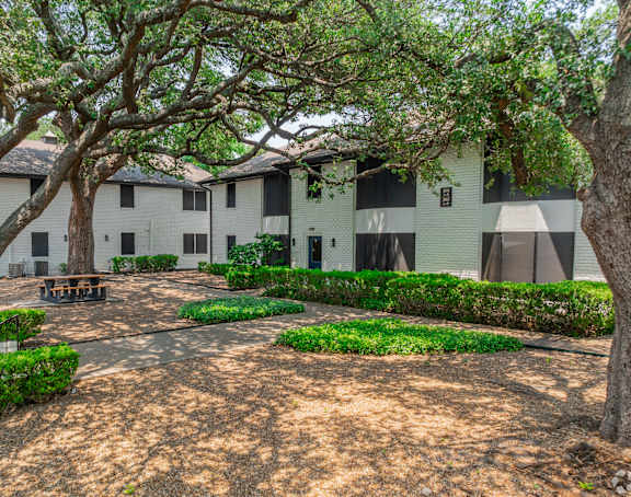 A courtyard with a white building in the background and a tree in the foreground.
