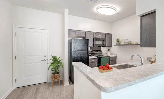 A kitchen with a black refrigerator and a white door.