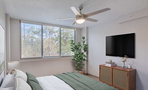 A bedroom with a bed, a ceiling fan, a window with blinds, a plant, a TV, and a wooden cabinet.