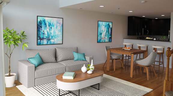 a living room with a couch and a table