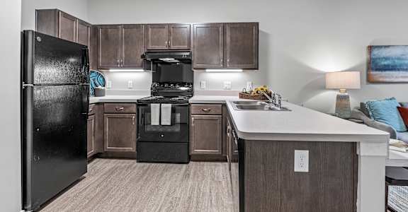 a kitchen with black appliances and wooden cabinets