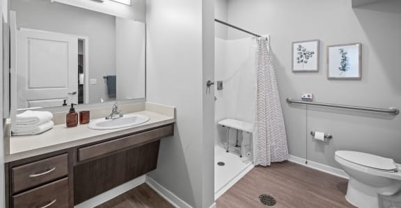 a bathroom with a shower sink and toilet and a mirror