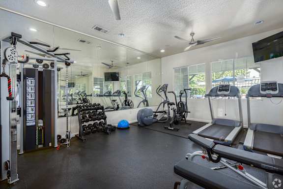 A gym with treadmills, weights, and exercise equipment.