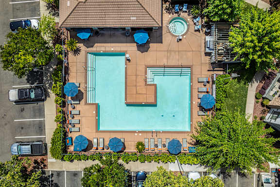 An aerial view of a pool surrounded by trees and chairs.